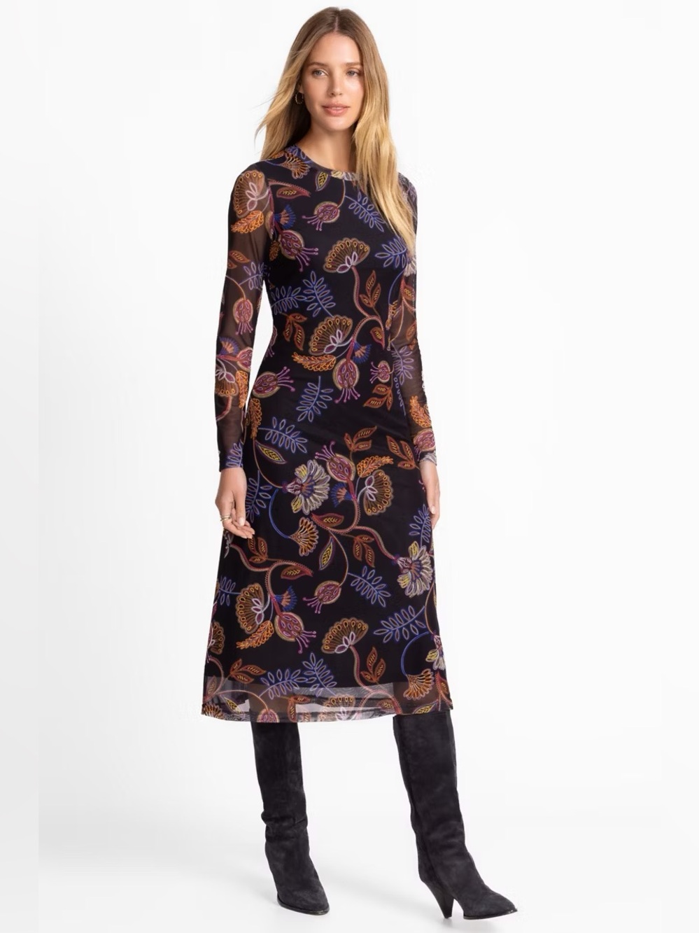 Johnny Was Shelly Floral-Print Mesh Midi Dress